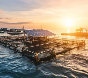 مزرعه پرورش ماهی در قفس با صفحات خورشیدی در وسط دریا