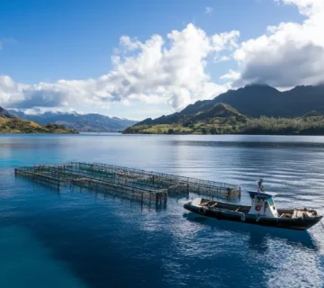 مزرعه قفس ماهی در آب‌های آزاد با قفس‌های شناور بزرگ