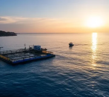 نمای هوایی از مزرعه پرورش ماهی در قفس‌های شناور