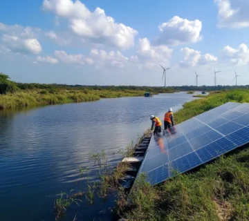 نصب پنل‌های خورشیدی و توربین‌های بادی در نزدیکی مزارع ماهی