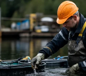 کارگر مزرعه ماهی در حال تعمیرات پیشگیرانه تجهیزات فیلتراسیون