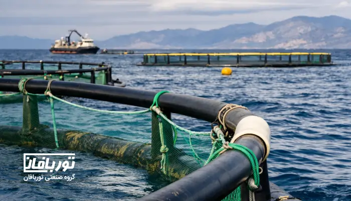 نمای افقی از قفس پرورش ماهی در دریا با تور، سازه شناور و قایق خدماتی؛ مناسب برای مقاله استانداردهای طراحی و بهره‌برداری قفس و تور   گروه صنعتی توربافان