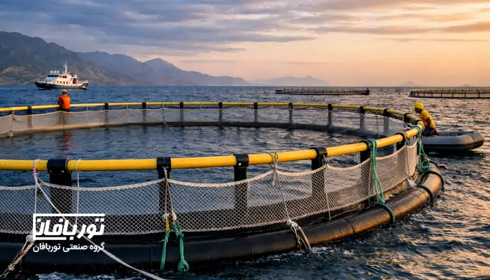 قفس پرورش ماهی در دریا هنگام غروب، تور و سازه شناور در حال عملیات  گروه صنعتی توربافان